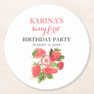 Berry 1st Birthday Party Strawberry fruit Summer Round Paper Coaster
