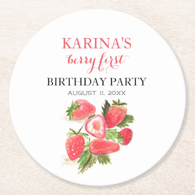 Berry 1st Birthday Party Strawberry fruit Summer Round Paper Coaster (Front)