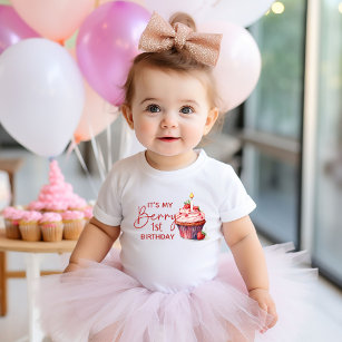 Berry 1st Birthday Pink Red Strawberry Cupcake Baby T-Shirt