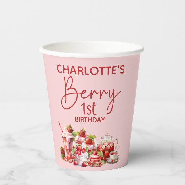 Berry 1st Birthday Pink Red Strawberry Name Paper Cups (Front)