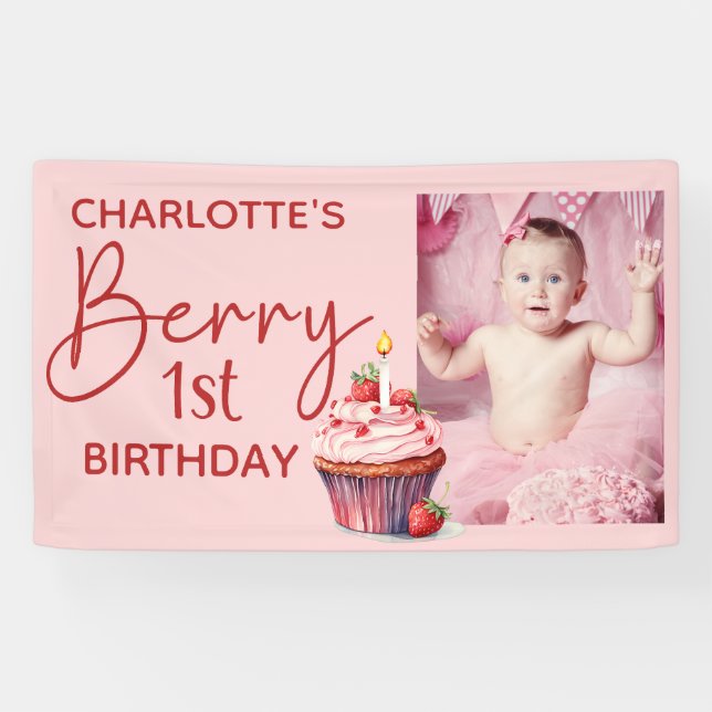 Berry 1st Birthday Pink Red Strawberry Name Photo Banner (Horizontal)