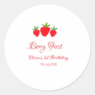 berry 1st birthday red strawberry name date stylis classic round sticker