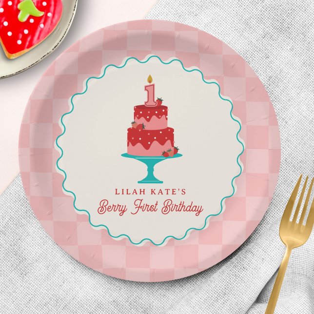 Berry 1st Birthday Strawberry Basket Chequerboard Paper Plate (Creator Uploaded)