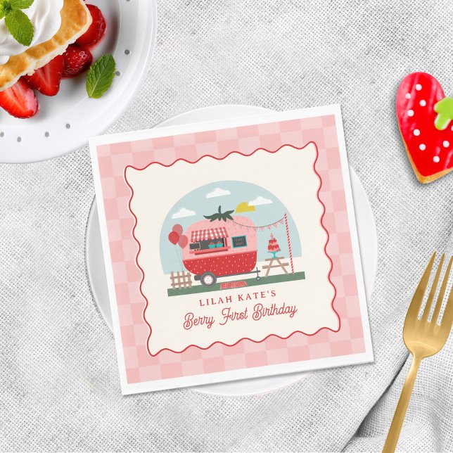 Berry 1st Birthday Strawberry Camper Chequered  Napkin (Creator Uploaded)