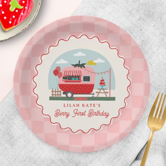 Berry 1st Birthday Strawberry Camper Chequered  Paper Plate (Creator Uploaded)