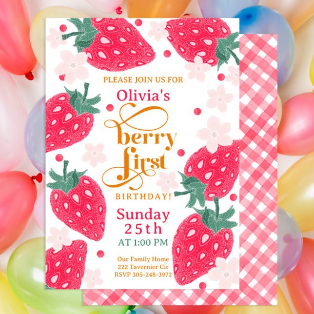 Berry 1st Birthday Strawberry Girl's 1st Birthday  Invitation (Creator Uploaded)