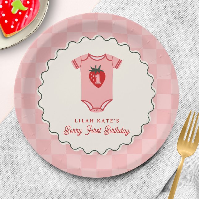 Berry 1st Birthday Strawberry Shirt Chequerboard Paper Plate (Creator Uploaded)