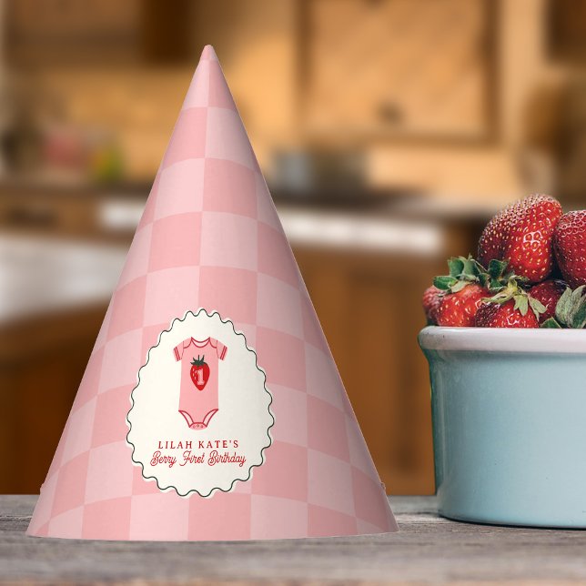 Berry 1st Birthday Strawberry Shirt Chequerboard Party Hat (Creator Uploaded)