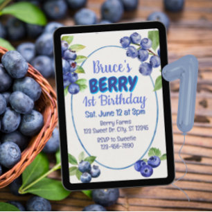 Berry 1st Birthday Watercolor Blueberry Invitation