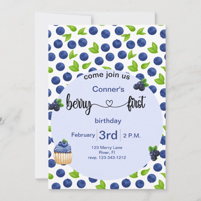Berry 1st blueberry birthday  invitation (Front)