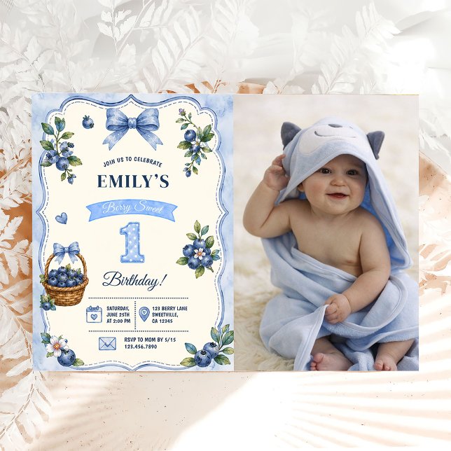 Berry 1st First Bow Blueberry Birthday Photo Invitation (Creator Uploaded)