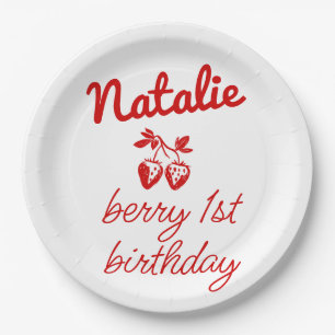 Berry 1st Hand Drawn Strawberries Retro Birthday Paper Plate