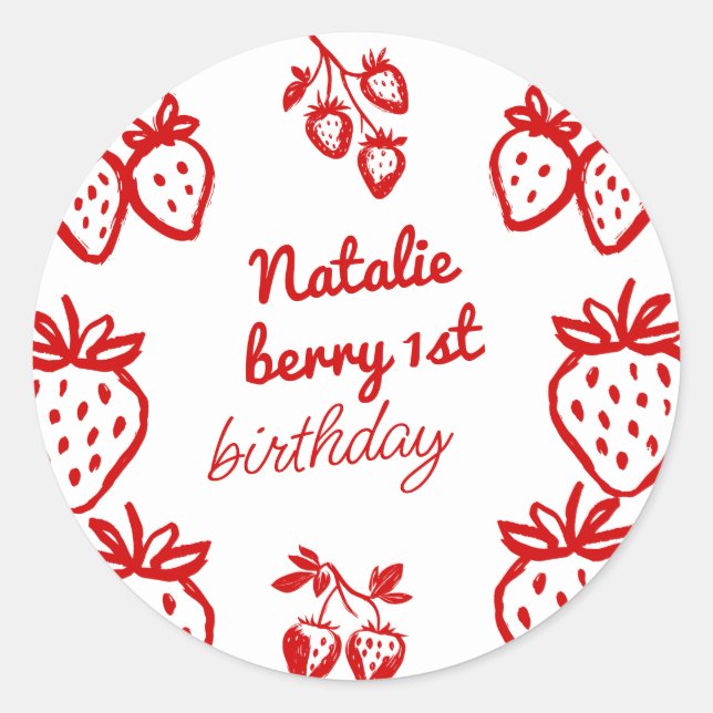 Berry 1st Hand Drawn Strawberry Girl Fun Birthday Classic Round Sticker (Front)