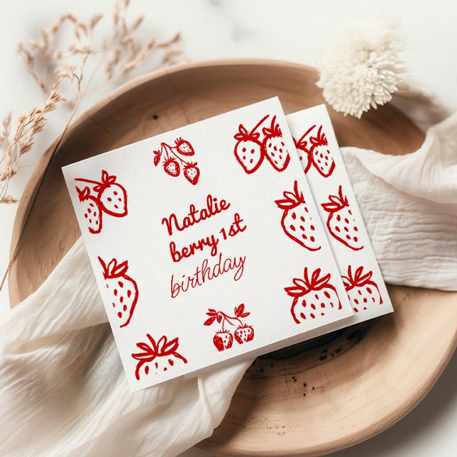 Berry 1st Hand Drawn Strawberry Girl Fun Birthday Napkin (Creator Uploaded)