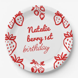 Berry 1st Hand Drawn Strawberry Girl Fun Birthday Paper Plate