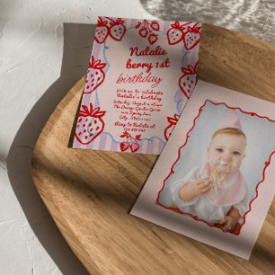 Berry 1st Hand Drawn Strawberry Photo Birthday  Invitation