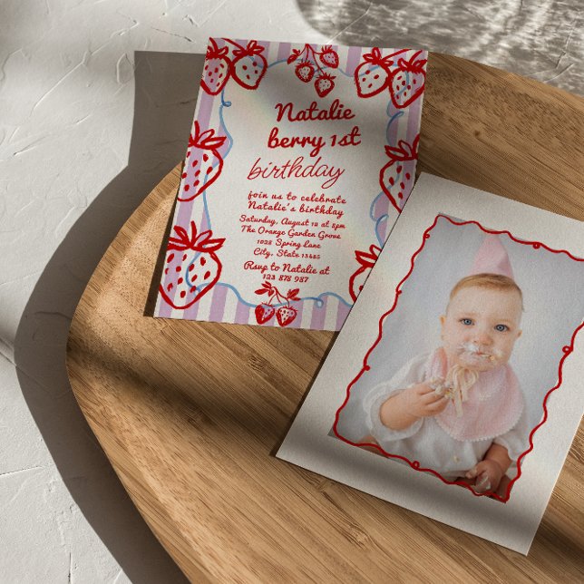 Berry 1st Hand Drawn Strawberry Photo Birthday Invitation (Creator Uploaded)