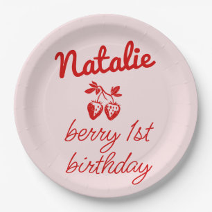 Berry 1st Pink Hand Drawn Strawberries Birthday Paper Plate