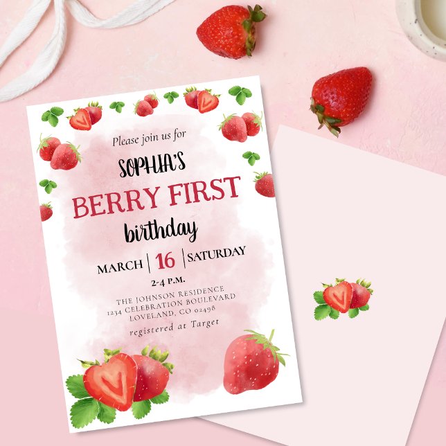 Berry 1st Strawberry Girl Birthday Party Invite (Creator Uploaded)