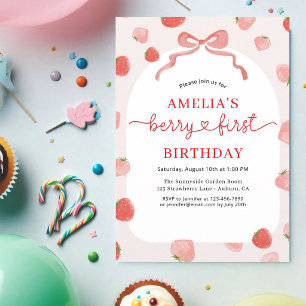 Berry 1st Strawberry Girl's Pink Bow Invitation