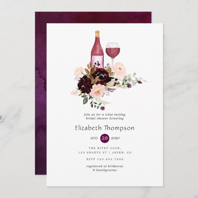 Berry and Blush Floral Wine Tasting Bridal Shower Invitation (Front/Back)