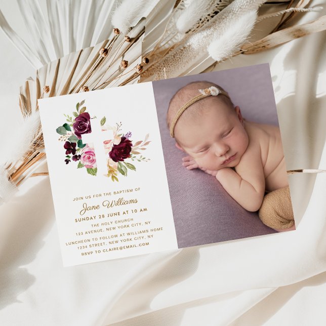 berry and blush florals Baptism photo Invitation (Creator Uploaded)