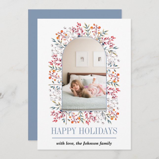 Berry and leaf arch dusty blue Christmas photo Holiday Card (Front/Back)