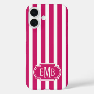 Berry and White Monogrammed Stripes iPhone 16 Case