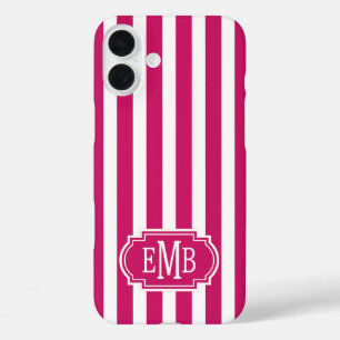 Berry and White Monogrammed Stripes iPhone 16 Plus Case