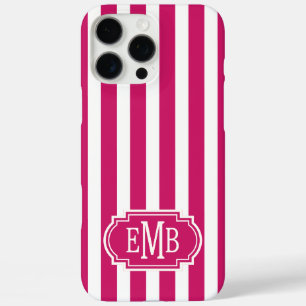 Berry and White Monogrammed Stripes iPhone 16 Pro Max Case