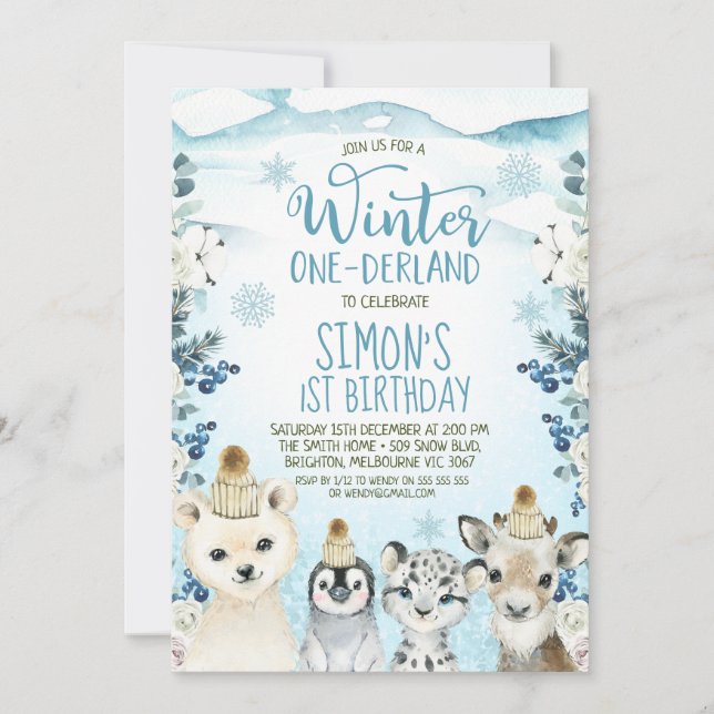  Berry Arctic Animals Winter Onederland Birthday Invitation (Front)