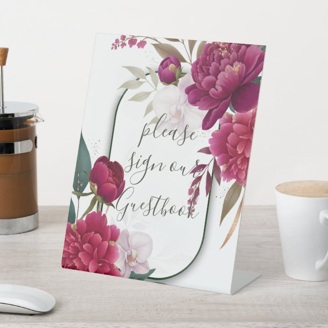 Berry Bloom Garden Floral Glam Wedding  Pedestal Sign (In SItu)