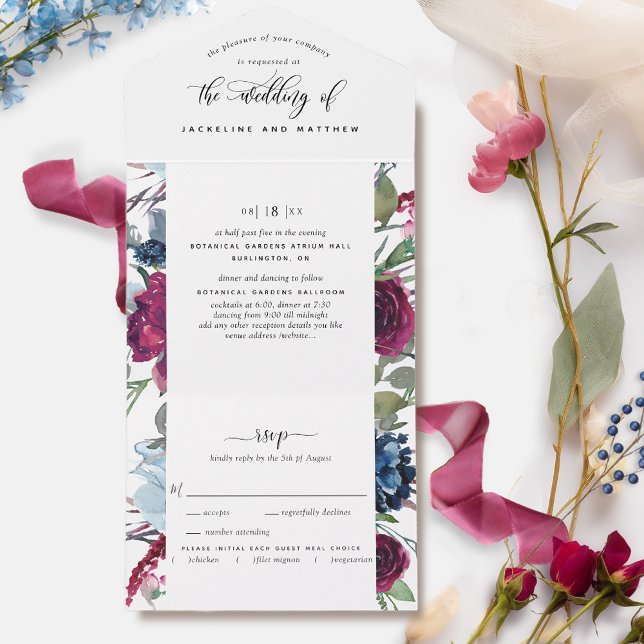 Berry Blue Burgundy Floral Wedding Perforated RSVP All In One Invitation (Creator Uploaded)