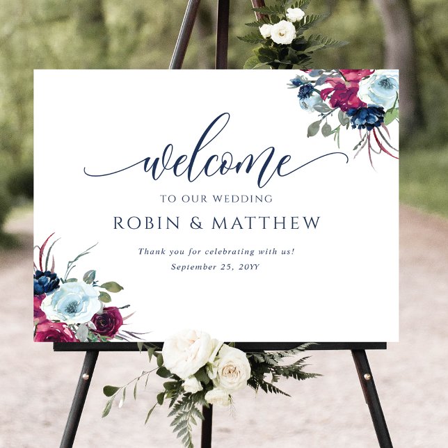 Berry, Blue, Burgundy Floral Welcome Wedding Sign (Creator Uploaded)