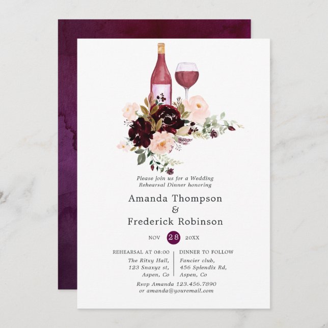 Berry & Blush Floral Wine Tasting Rehearsal Dinner Invitation (Front/Back)