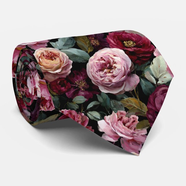 Berry & Blush Pink Peony Floral  Wedding Tie (Rolled)