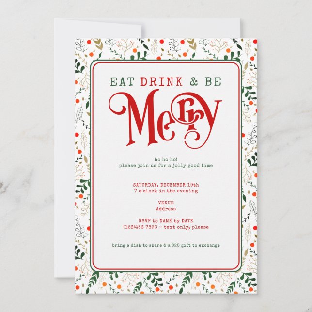 Berry Branch Eat, Drink Be Merry Christmas Potluck Invitation (Front)