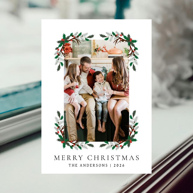 Berry Branch Frame Christmas Family 1 Photo Holiday Card (Creator Uploaded)