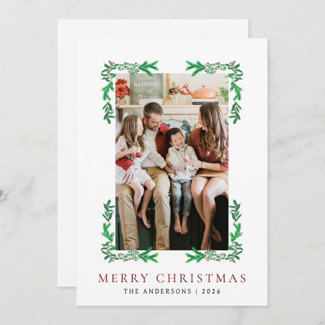 Berry Branch Frame Christmas Family 1 Photo Holiday Card (Front/Back)