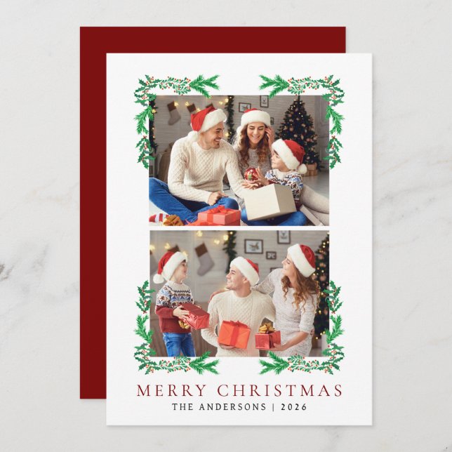 Berry Branch Frame Christmas Family 2 Photo Holiday Card (Front/Back)