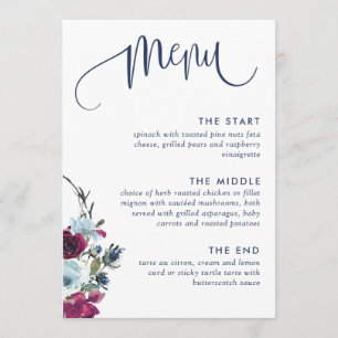 Berry, Burgundy and Blue Floral, Elegant Wedding Menu