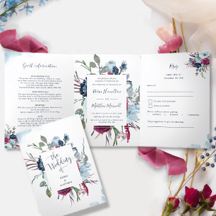 Berry Burgundy Blue All in One Wedding with RSVP T Tri-Fold Invitation