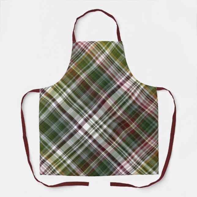 Berry Bush Green and Red Plaid Apron (Front)