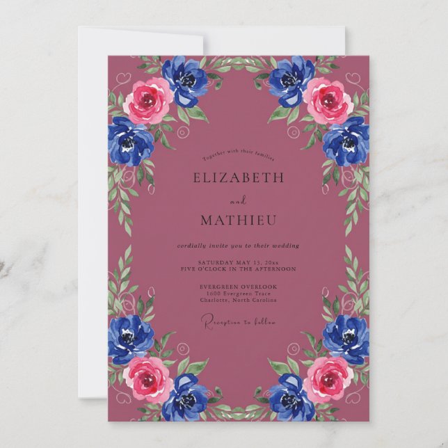 Berry Cobalt Ranunculus Wedding Invitation (Front)