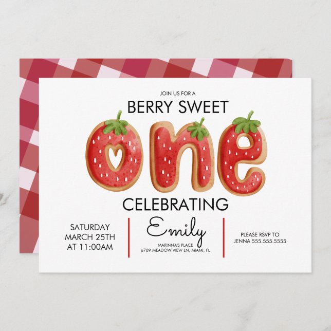 Berry Cookies One Plaid Pink Birthday Party   Invitation (Front/Back)