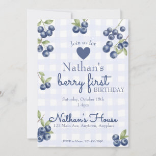 Berry First 1st Birthday Blueberry Gingham Invitation