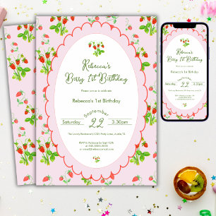 Berry First 1st Birthday  Strawberry & Pink Invitation