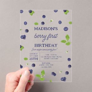 Berry First 1st One Birthday Blueberry Photo  Acrylic Invitations