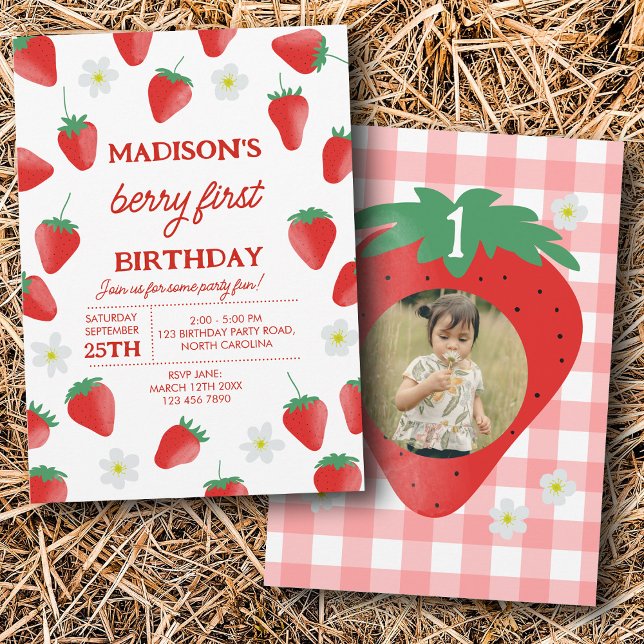 Berry First 1st One Birthday Strawberry Photo Invitation (Berry First 1st One Birthday Strawberry Photo Invitation)