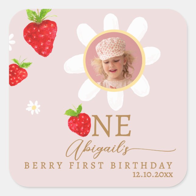 Berry First 1st Strawberry Birthday Photo Square Sticker (Front)